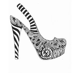 a black and white drawing of a high heeled shoe with zebra print on it