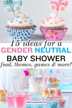 baby shower party with cupcakes, candy and drinks for gender neutral baby shower