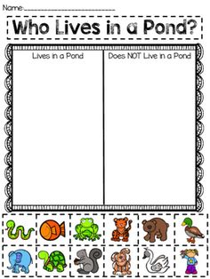 a printable worksheet for the who lives in a pond? with pictures of animals