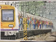 a drawing of people standing on the side of a train as it pulls into a station