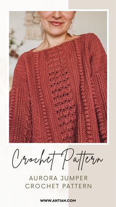 a woman wearing an orange sweater with the words crochet pattern above it