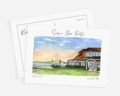 two greeting cards with the words save the date and an image of a house in watercolor