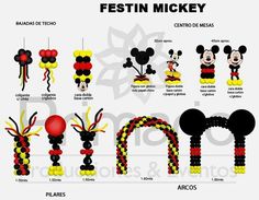 the mickey mouse balloon decorations are shown in different colors and sizes, including red, yellow,