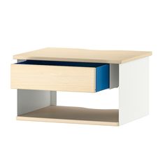 a white and blue desk with two drawers on each side, in front of a white background