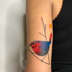 a colorful bird tattoo on the right arm and shoulder, with an orange dot in the background