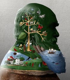 a man's head with an image of a tree on it