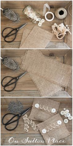 three pictures showing the steps to make a burlock lace doily with buttons