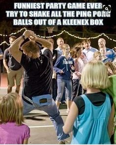 a group of people standing around each other in front of a building with a sign that says funnies party game ever try to shake all the ping pong balls out of a kleenex box