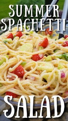 a plate full of pasta with the words summer spaghetti salad