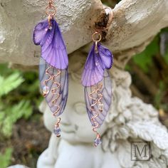 Fairycore Accessories, Purple Butterfly Wings, Lavender Crystals, Fairy Wing Earrings, Fairy Earrings, Insect Wings, Pretty Accessories, Fairycore Aesthetic, Butterfly Wing Earrings