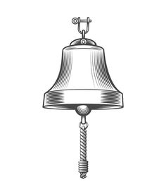 a drawing of a bell with a rope on it's end and a light bulb hanging off the side