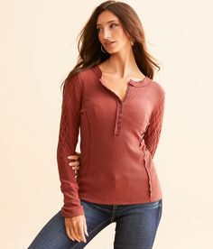 BKE Textured Knit Henley - Red XX-Large, Women's Spicedapple Pieced raw edge exposed seam henley Bust measures 31 on size small Body length 24 on size small. Layering piece(s) and/or accessories sold separately.. 58% Cotton 38% Polyester 4% Spandex. Crochet part: 100% Cotton. Hand wash cold separately. Do not bleach. Reshape dry flat. Cool iron when needed. Apparel & Accessories > Clothing > Shirts & Tops Casual Henley Neckline Top With Placket, Cheap Casual Henley Neckline T-shirt, Casual Henley Neckline T-shirt With Buttons, Cheap Women's Henley Neckline T-shirt, Henley Neckline T-shirt With Button Closure And Relaxed Fit, Women's Henley, Accessories Clothing, Textured Knit, Women Shirts Blouse