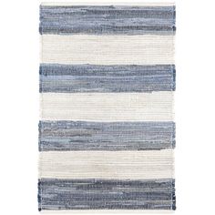 a blue and white striped rug with fringes on the bottom, in front of a white background