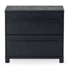 a black night stand with two drawers on one side and an open drawer on the other