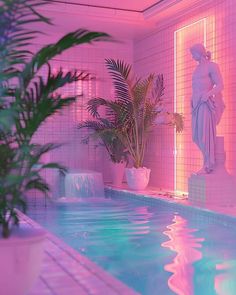 an indoor swimming pool with a statue and potted plants next to it in a pink hued room