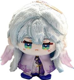 a stuffed animal with white hair and blue eyes