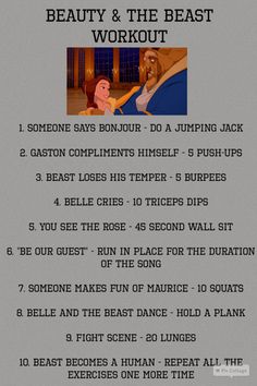 the beauty and the beast workout sheet is shown in this image, with instructions on how to