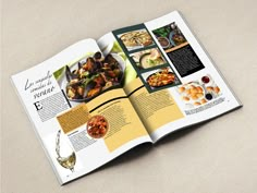 an open brochure with pictures of food and drinks in it on a table