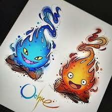 two fire and water themed stickers on a piece of paper