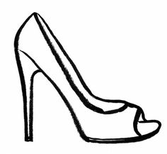 a black and white drawing of a high heeled shoe with a heart on the side