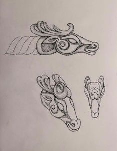 three drawings of different shapes and sizes of items in the shape of horses'heads