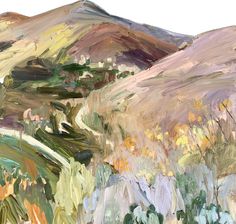 an abstract painting of hills and flowers in the foreground, with clouds in the background