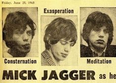 an old newspaper article with three men's faces and the caption for mick jager as he appears