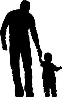 a silhouette of a man holding the hand of a small child in front of him