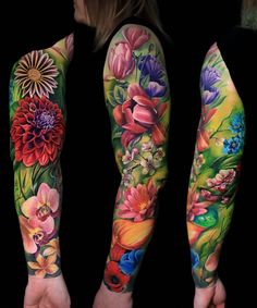 two women with tattoos on their arms, both showing different flowers and leaves in the background