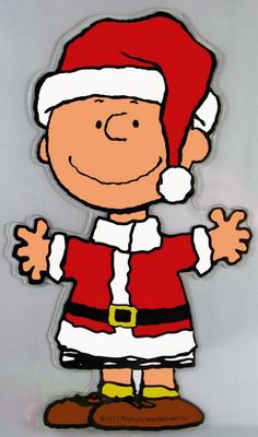 a charlie brown christmas sticker with santa claus on it's head and arms outstretched