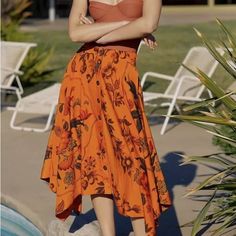 Cute Orange Skirt. New With Tags High Waist Maxi Skirt For Spring Vacation, Asymmetrical Maxi Skirt For Beach In Spring, Relaxed Beach Skirt For Spring, Spring Beach Pleated Skirt, Beach Asymmetrical Skirt With Floral Print, Flowy Skirt Bottoms With Floral Print For Beach Season, Flowy Floral Print Skirt For Beach Season, Flowy Skirt With Floral Print For Beach Season, Summer Asymmetrical Maxi Skirt For Day Out