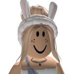 a cartoon character wearing a white hat and blue dress with rabbit ears on it's head