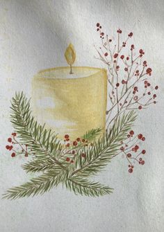 a watercolor painting of a lit candle surrounded by berries and greenery