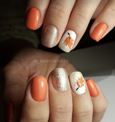 Pumpkin Short Nails, Fall Nail Art Short Nails, Fall Nails With Pumpkins, Fall Gel Nails Designs Autumn, Autumn Nails Orange, Fall Themed Nails Autumn, Fall Nails Leaves, Novemember Nails, October Nails Fall Short