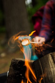 a person is cooking something on an open fire pit with flames in the foreground