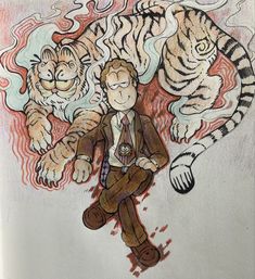 a drawing of two tigers and a man in a suit sitting on top of each other