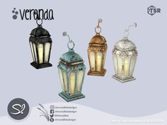 three different types of lanterns with the words veranda on them in black, white and gold