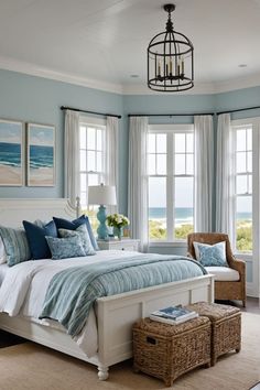 a bedroom with blue walls and white furniture