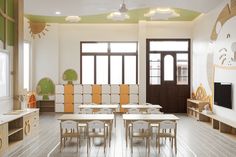 an empty classroom with tables and chairs in it