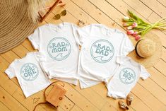 three t - shirts with the words rad mom and rad dad on them