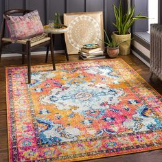 Collection: Marldon. Colors: Sky Blue, Medium Gray, Orange, Fuchsia, Navy, Yellow. Construction: Machine Woven. Material: 100% Polypropylene. Pile: Medium Pile. Pile Height: 0.26". Styles: Traditional. Made In: Turkey. Thickness: 0.45". Coral Area Rug, Indoor Outdoor Carpet, Farmhouse Area Rugs, 5x7 Area Rug, 6x9 Area Rugs, Light Blue Area Rug, Updated Traditional, Pink Area Rug, Orange Area Rug