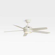 a white ceiling fan with two lights on it's sides and one light on the other