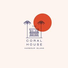 the coral house harbour island logo is shown in red and blue, with an orange sun behind it