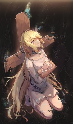 an anime character sitting on the ground with a cross in her hand and chains around her neck