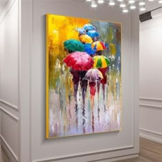 colorful umbrellas in the rain painting on canvas for wall or door frame, ready to hang