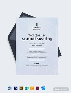 a white and black annual meeting card with the word 2nd quarter on it, in front of