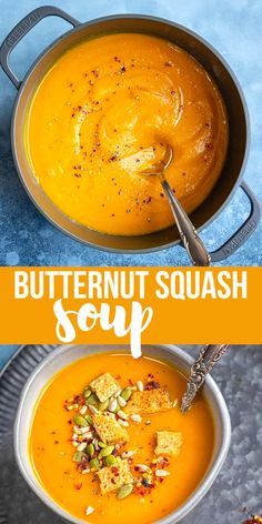 butternut squash soup in a bowl with toasted croutons on the side