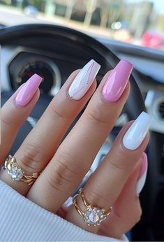 Pastel Colours Nails, Blue White And Pink Nails, Pink And White Nail Designs Acrylics, White And Pastel Nails, Square Nails Design Ideas Summer, Nail Blue And Pink, Nails Ideas Pink And White, Blue Pink Nails Design, Summer Nails Square Pink