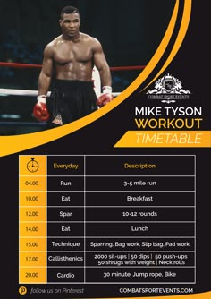 the flyer for mike tyson's workout time table is shown in yellow and black