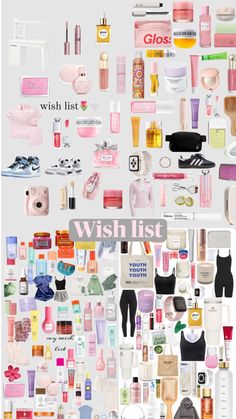 a collage of many different types of cosmetics and personal care items in pink, green, white and grey colors